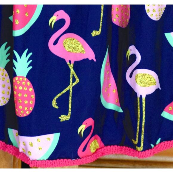 Clover Cottage Girl's Dress Tropical Print Blue Fabric Pom-Pom Trim Size 18-24M - Picture 3 of 3